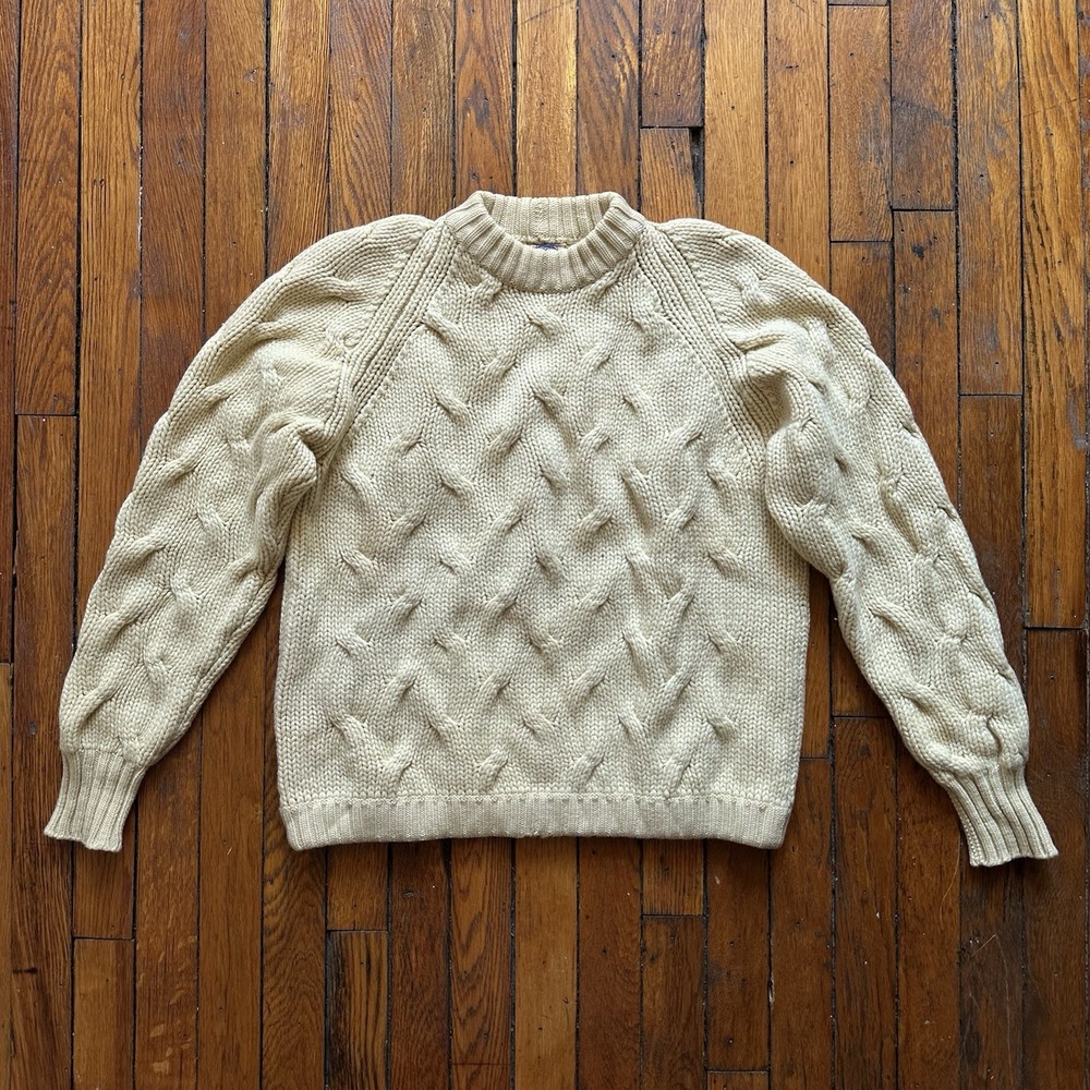 Vtg ALDO Gerick Handmade Cable Knit 100% Wool Sweater  Women Medium Yellow Cream